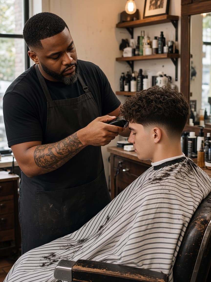 Barber working on a client in the chair, both fully in frame