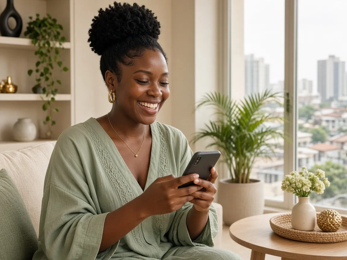 Black Nigerian woman booking beauty on her phone
