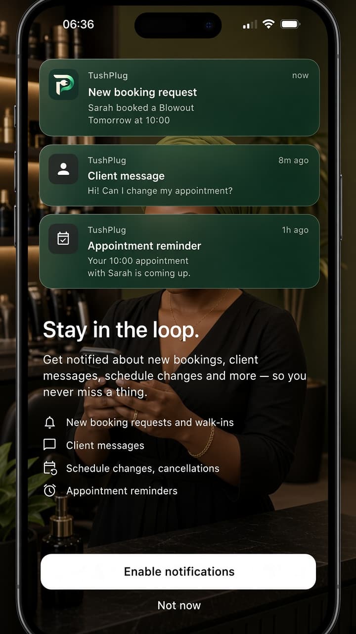 TushPlug app — booking notifications